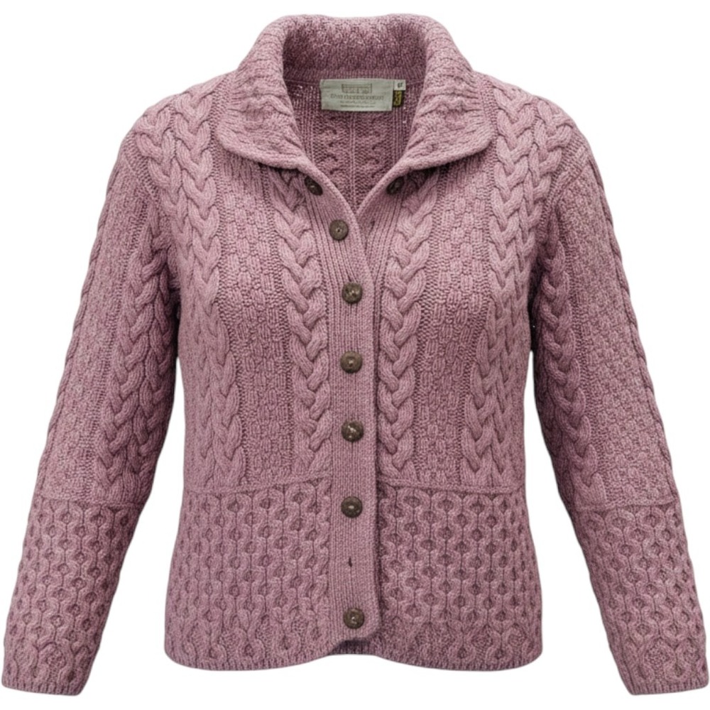 Aran Ireland Sweater Cardigan Womens Small Muave 100% New Merino Wool Cable Knit
